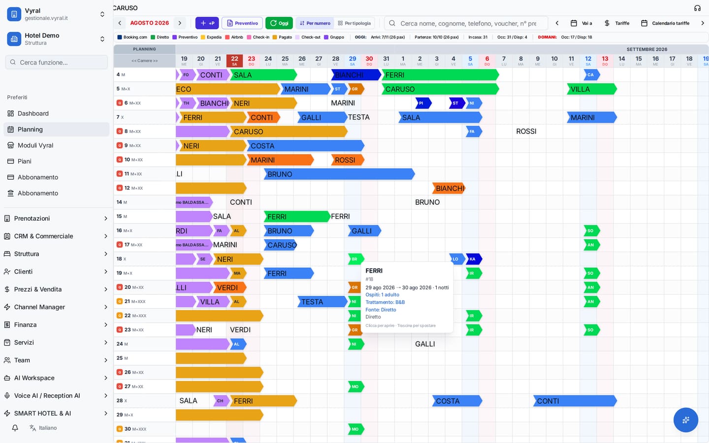 Planning Vyral: camere, giorni, prenotazioni e colori di stato nel gestionale reale