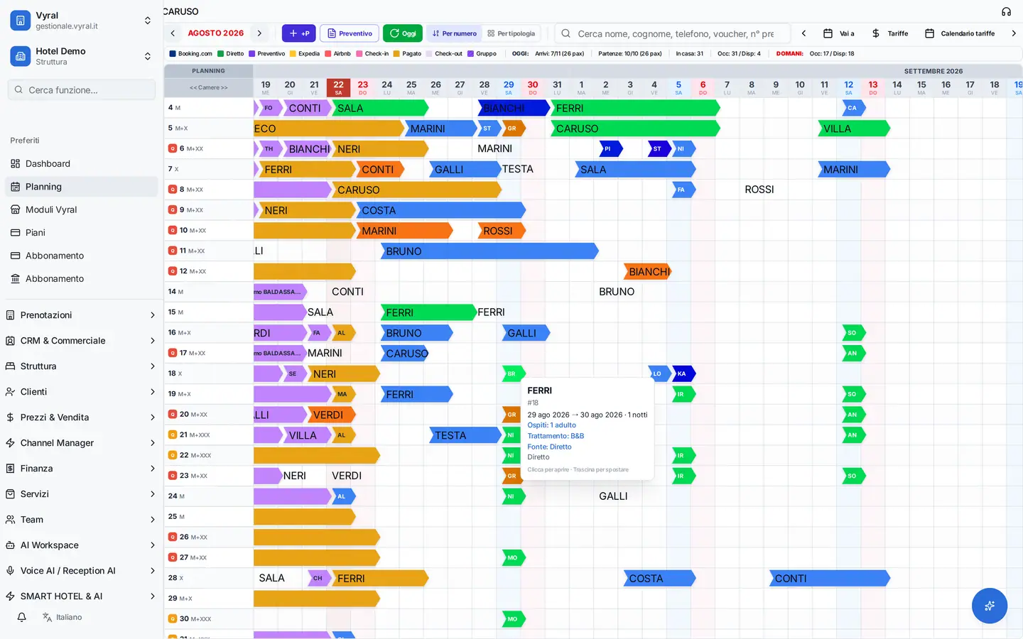 Planning Vyral: calendario disponibilità e camere
